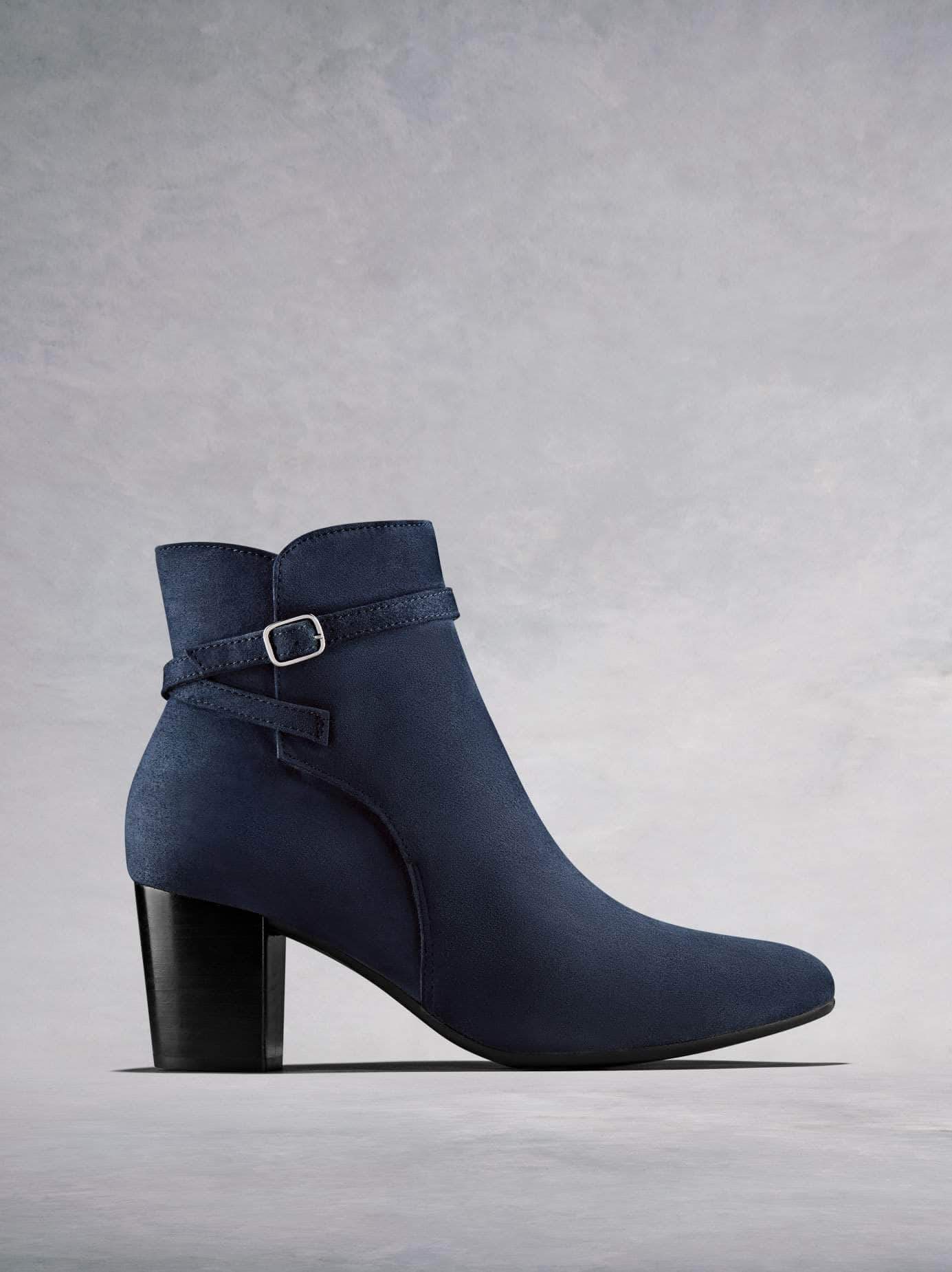 Kelston, our heeled ankle boot in navy kid suede with cross over ankle strap. Available in our standard or wide fit.