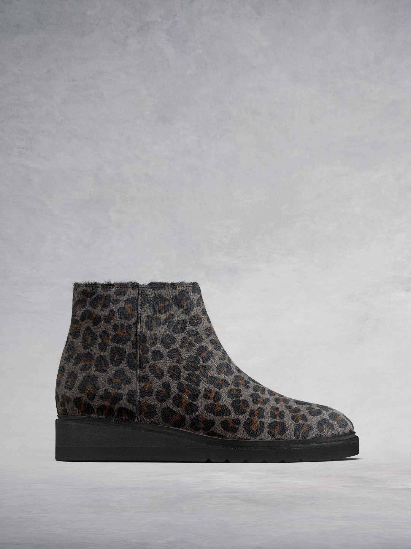 The Kielder, flat ankle boots in on-trend grey leopard hair leather.