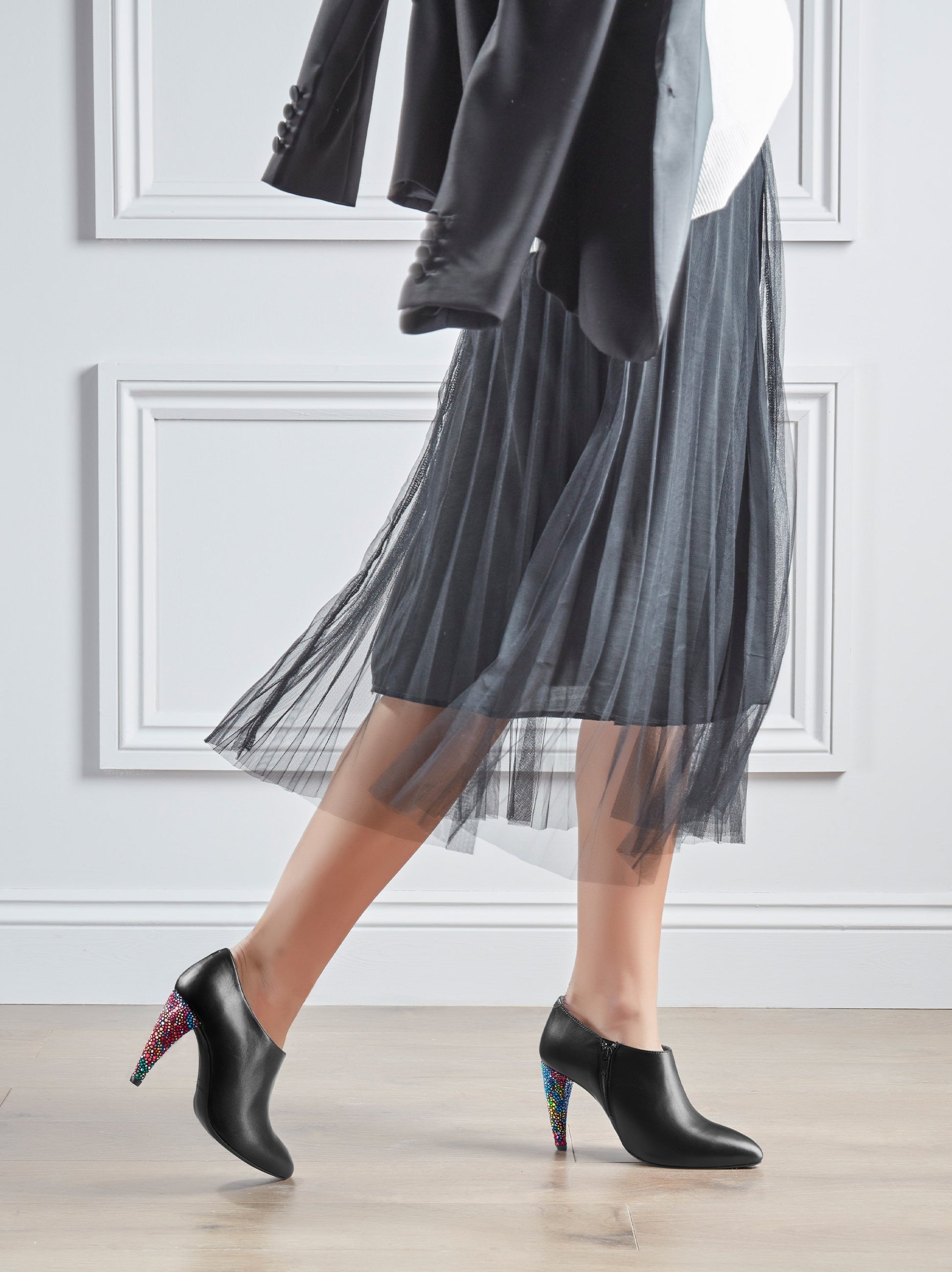 Add instant elegance with our Kingsmead shoe bootie and its multi coloured heel.