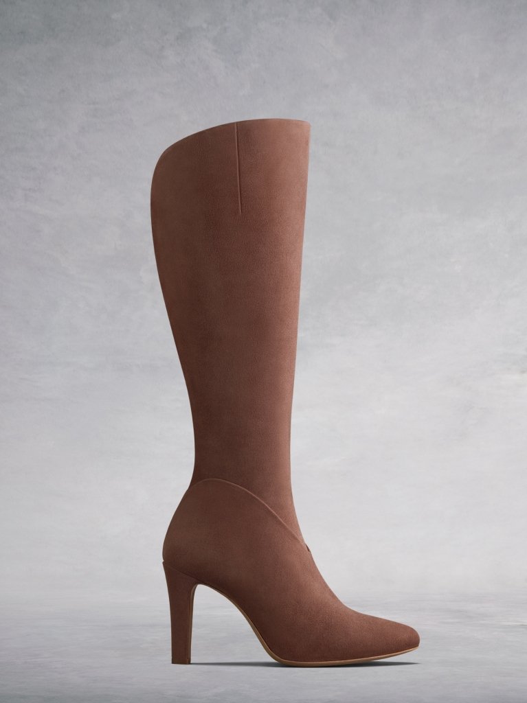 The Kinver, the stylish high heeled knee high boot in blush pink suede.