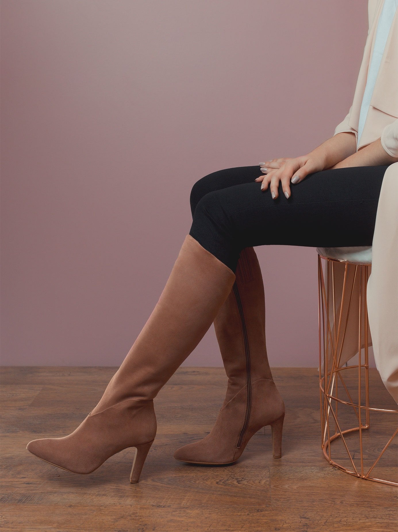 Kinver Blush Pink Suede: elegant sweet heart seam around ankle. 