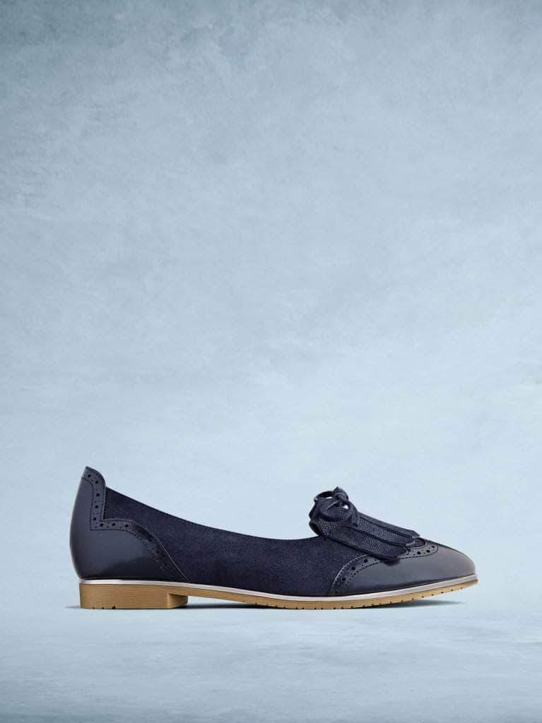 Lamorna is our sophisticated ballet pump made from navy suede and leather.
