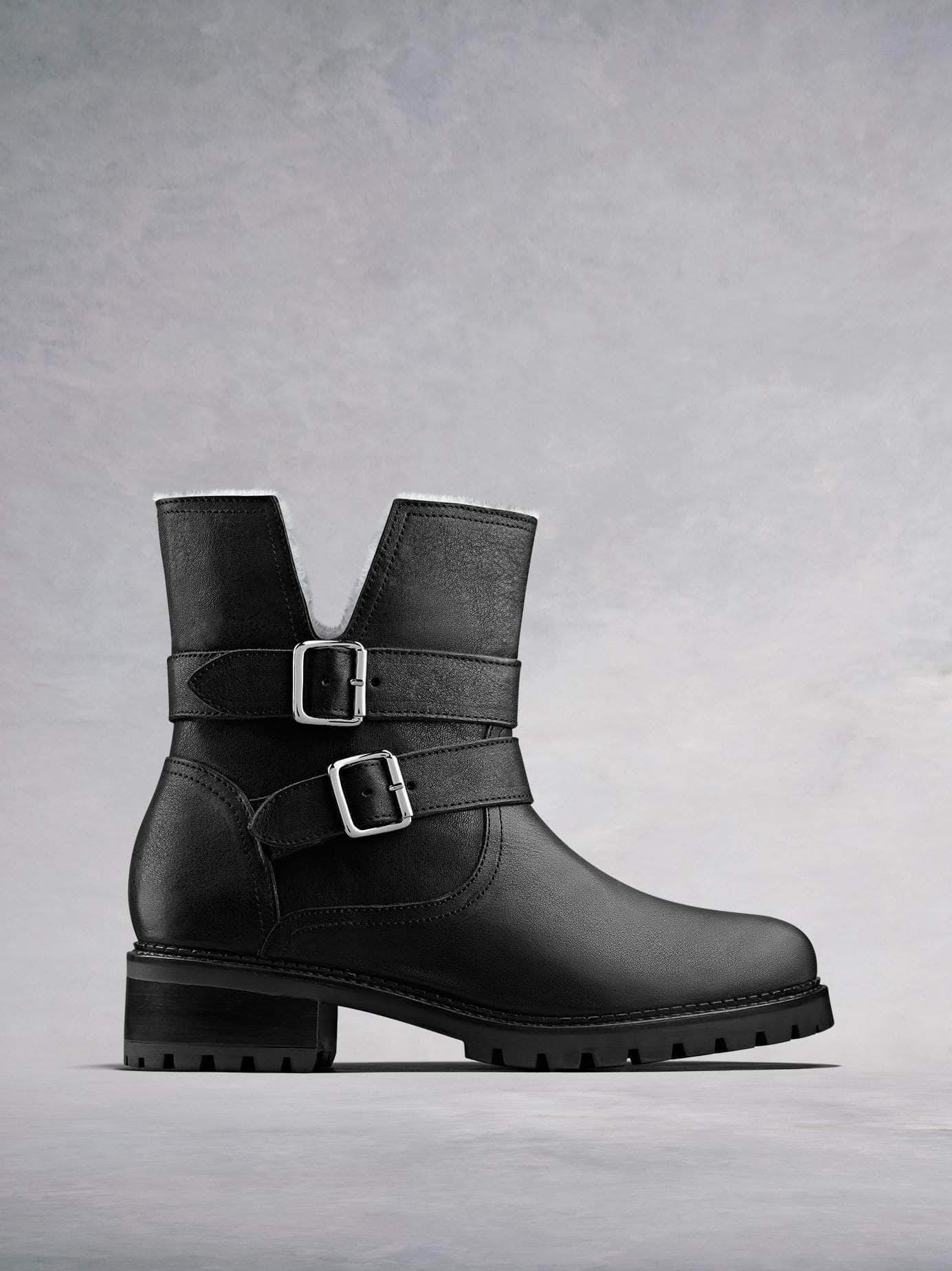 Longleat, our black leather biker style ankle boot with a heavy tread sole. Available in our standard or wider fit.
