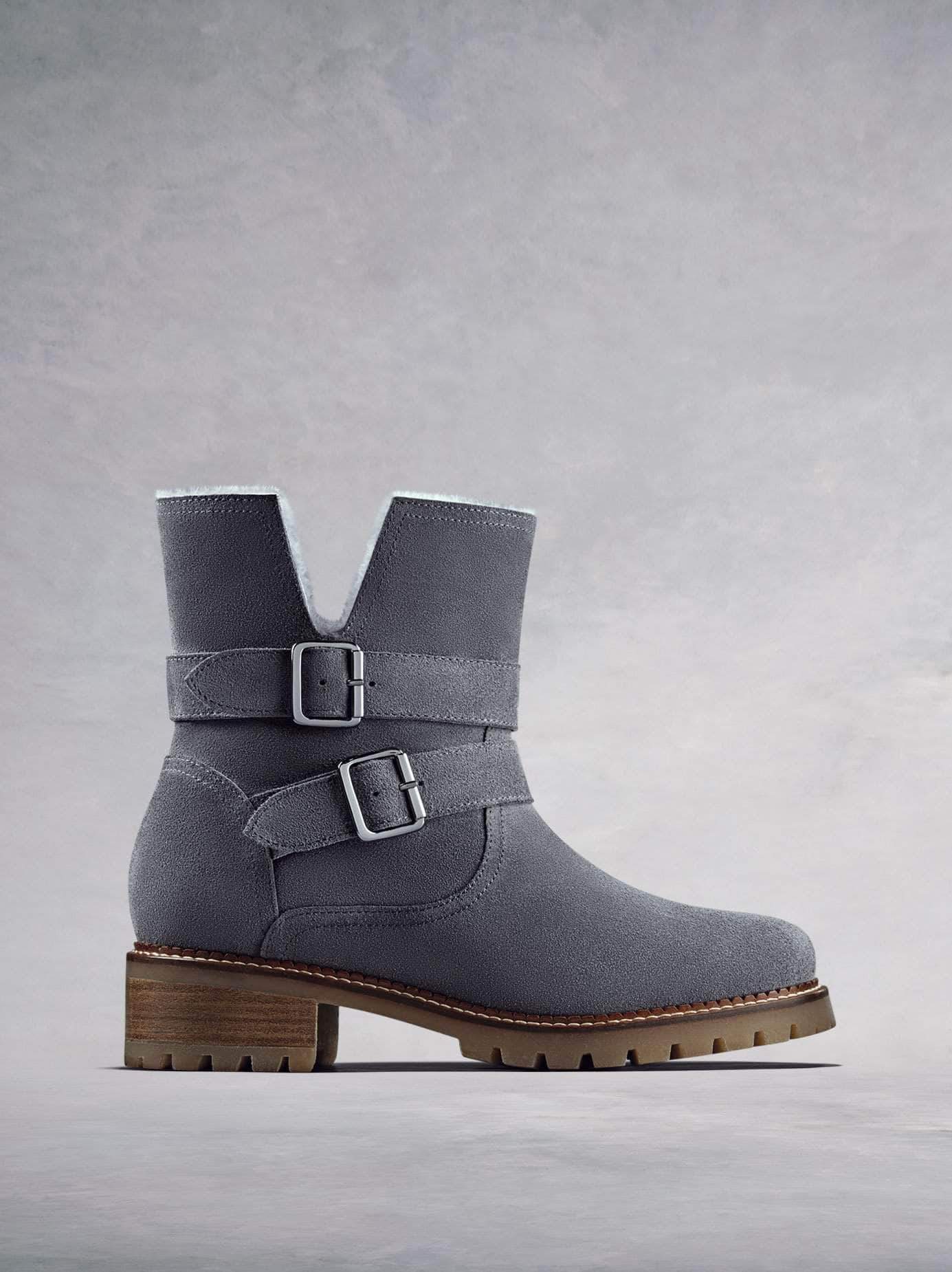 Longleat, our grey suede biker style ankle boot with a heavy tread sole. Available in our standard or wider fit.