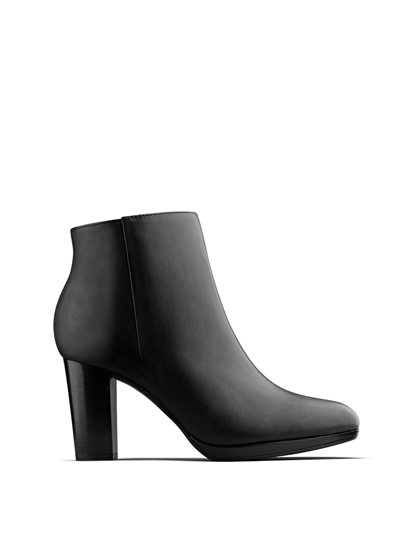 Loxton, our versatile high-heeled smooth black leather ankle boot.