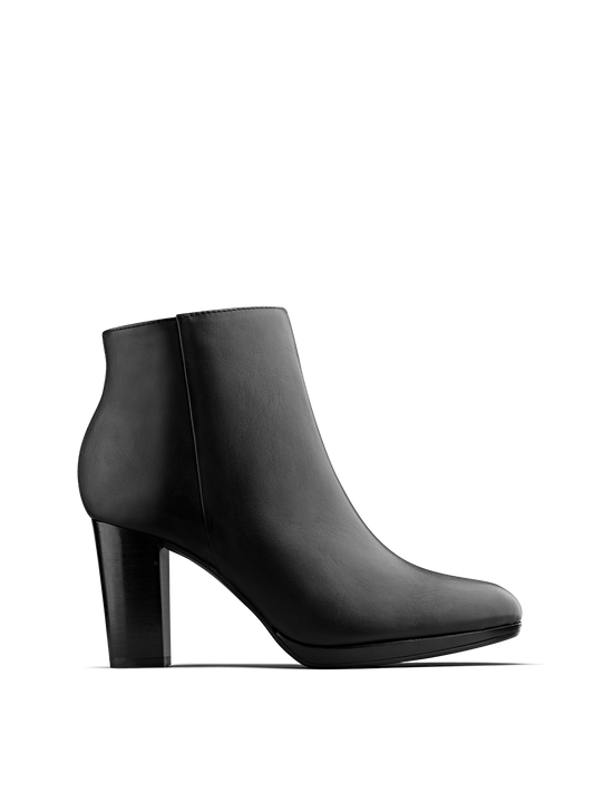 Loxton, our versatile high-heeled smooth black leather ankle boot.