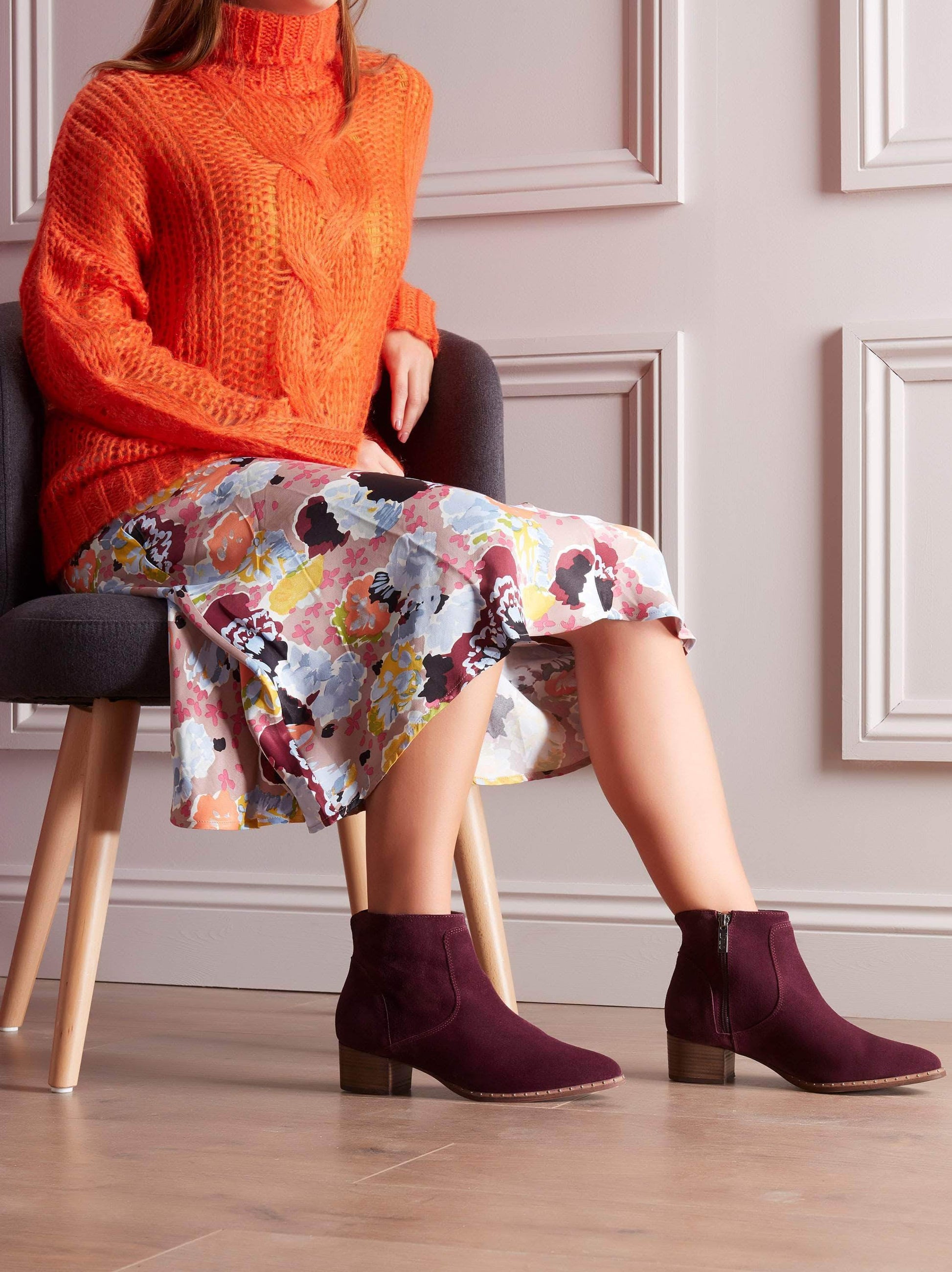 Ludlow, a versatile ankle boot in purple suede, perfect for dressing up or down.