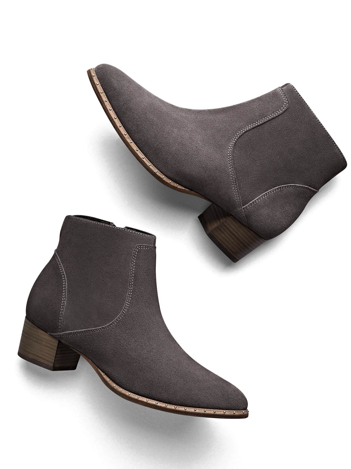 Ludlow in smoke grey suede, features stud detail, a low heel and a pointed toe.