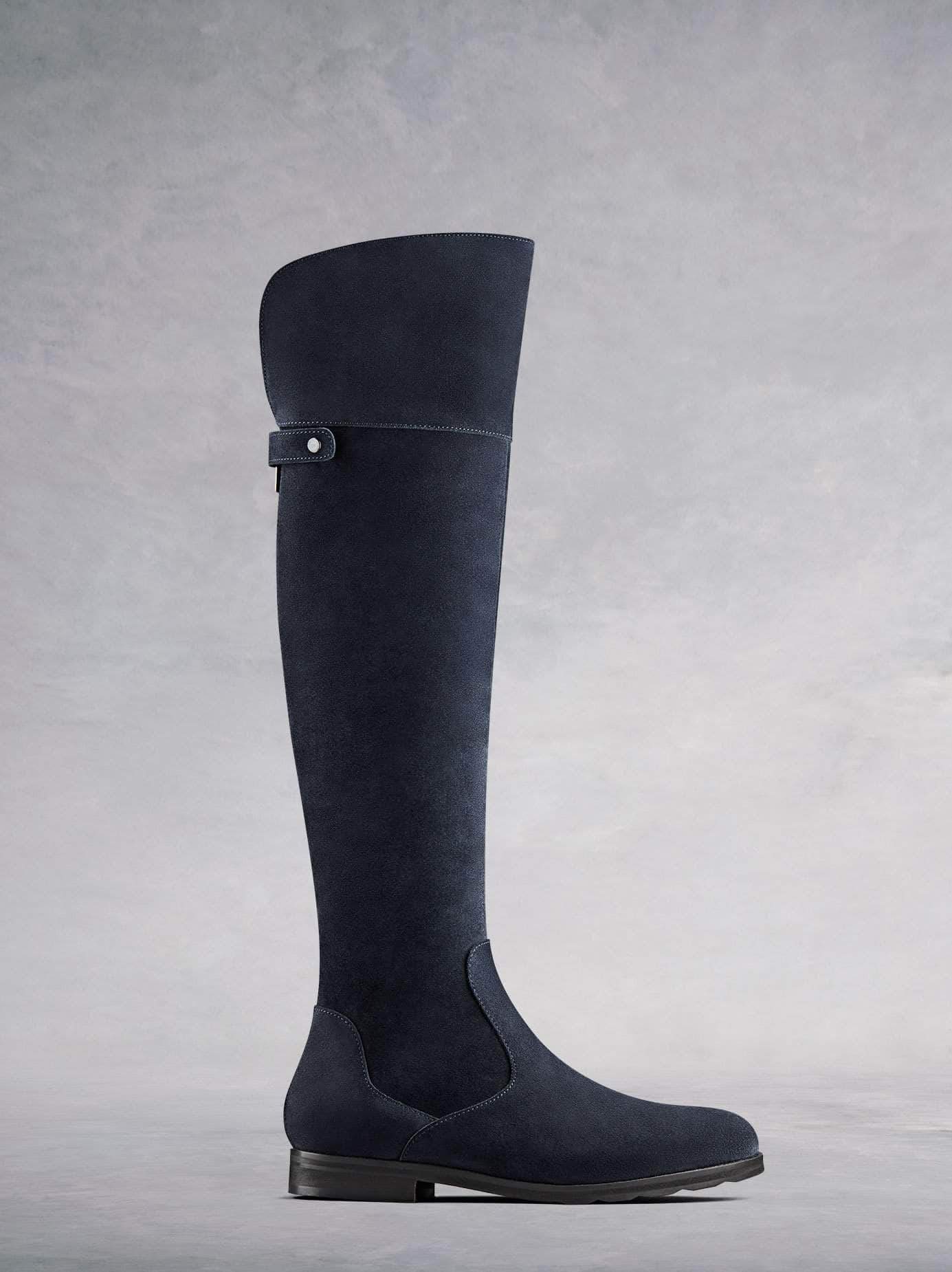 Lyndhurst, our versatile over the knee boots in navy suede. With full-length zip and v-shaped top collar for comfort.