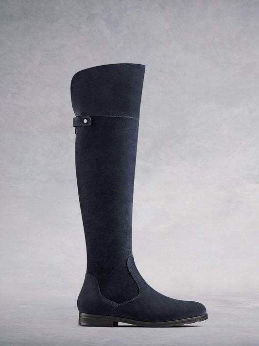 Lyndhurst, our versatile over the knee boots in navy suede. With full-length zip and v-shaped top collar for comfort.