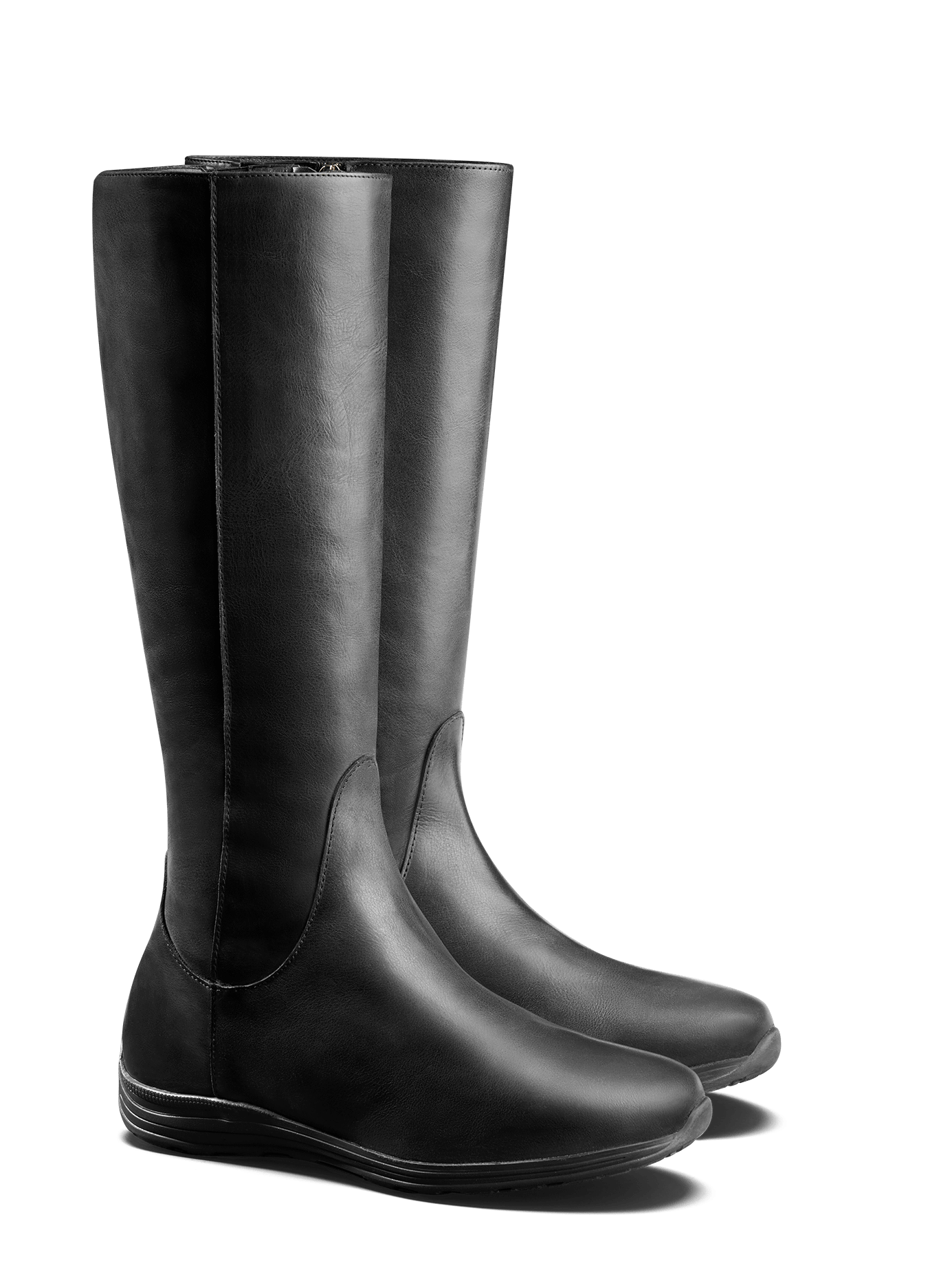 Malvern, a practical knee high black leather boot with an everyday sports sole.