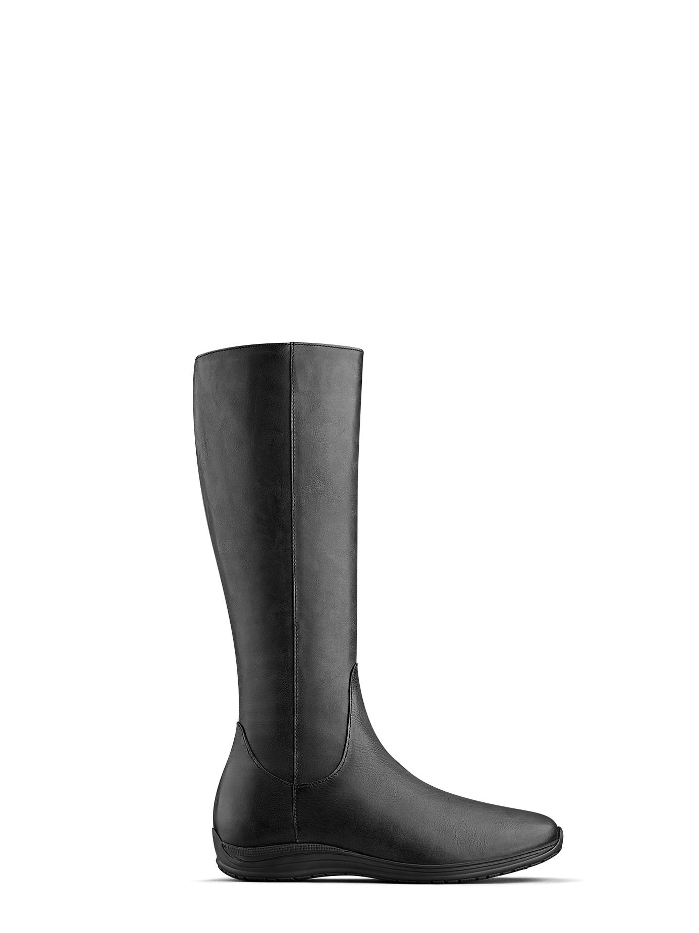 Malvern, our black leather knee high boot with a practical everyday sports sole.