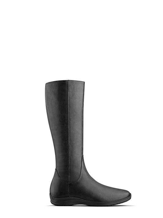Malvern, our black leather knee high boot with a practical everyday sports sole.