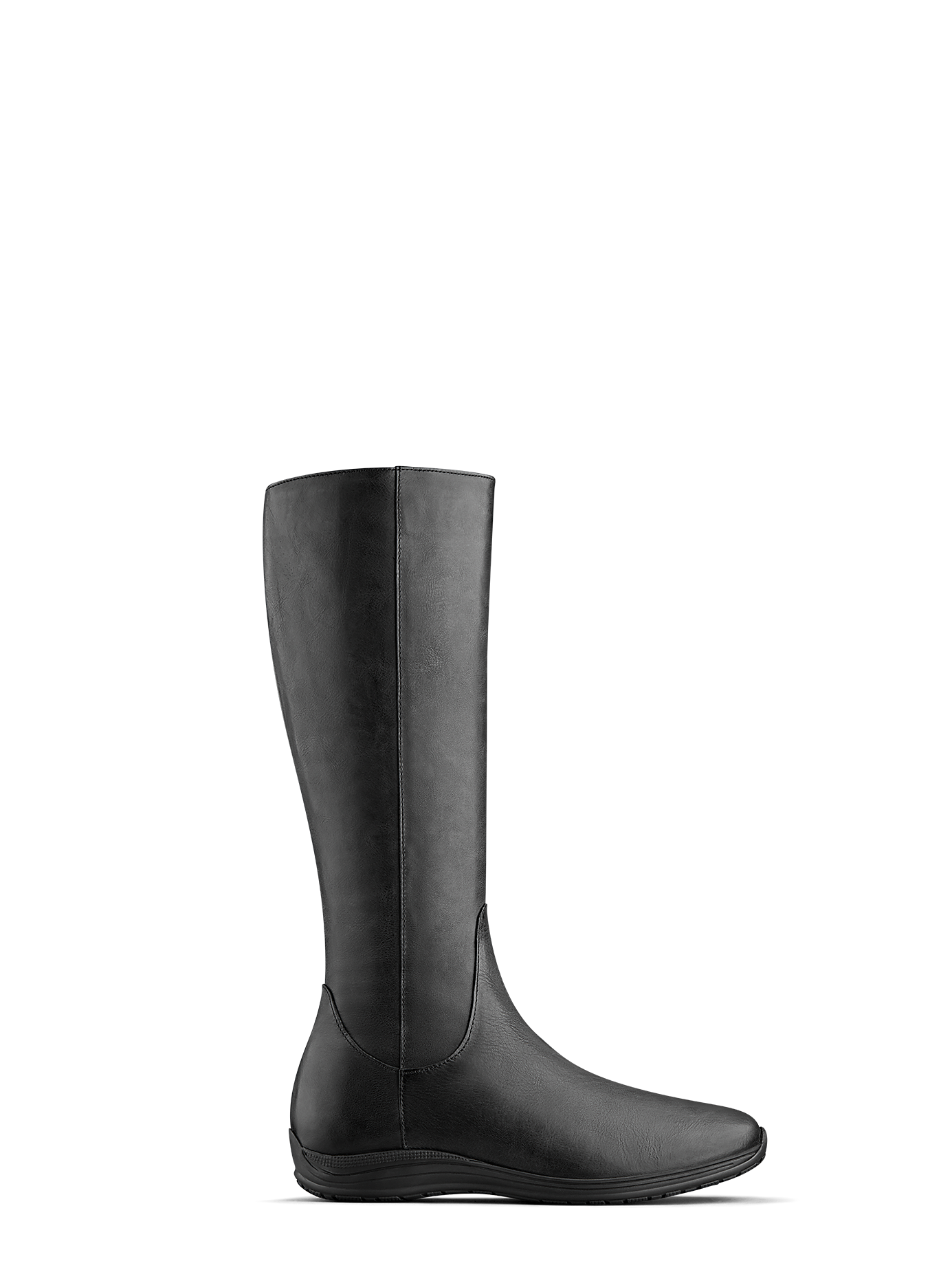 Malvern, our black leather knee high boot with a practical everyday sports sole.