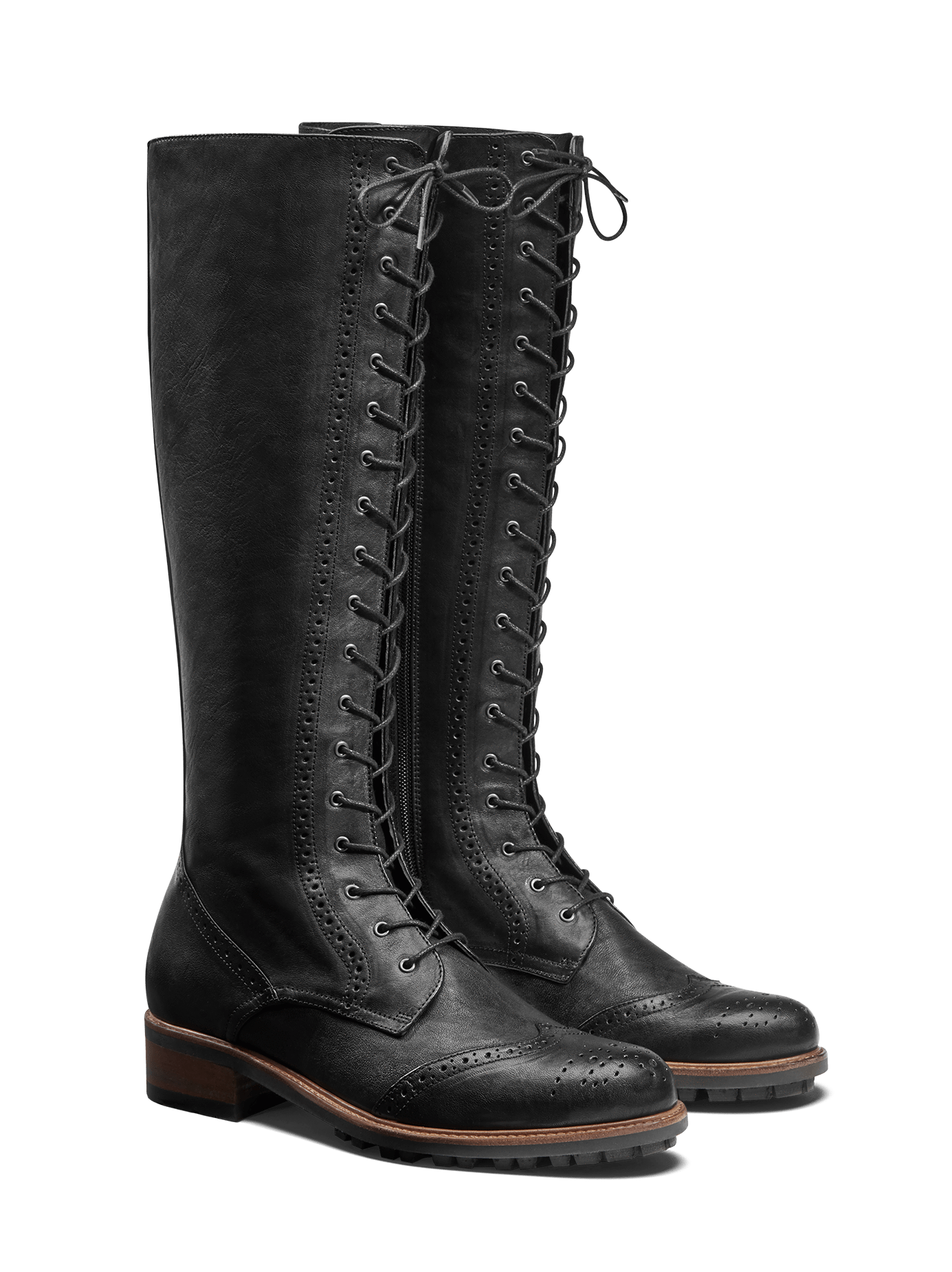Marvel, a lace up knee high boot in black leather with stylish brogue detailing.