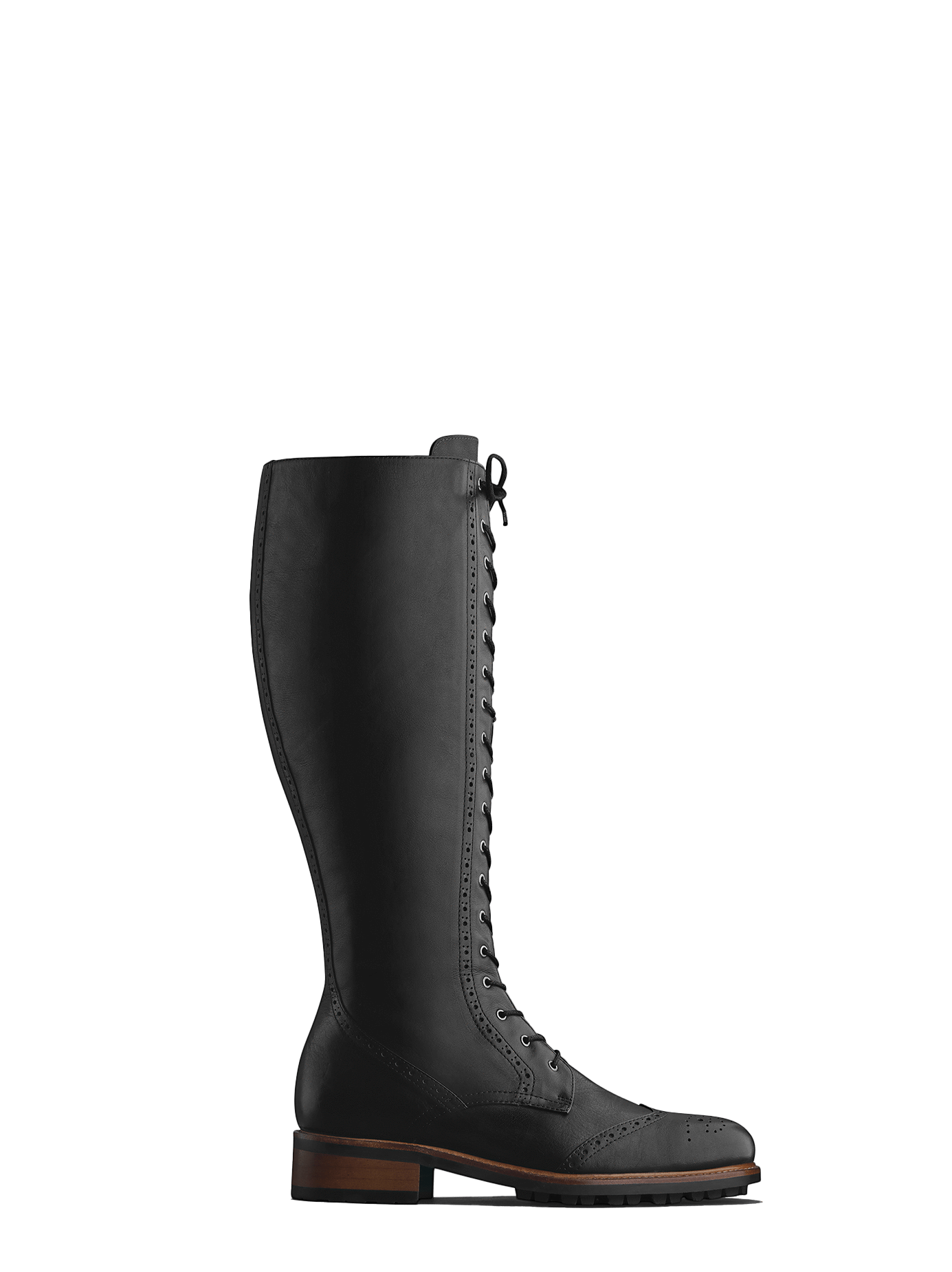Marvel; brogue inspired lace-up knee high boots in black calf leather.