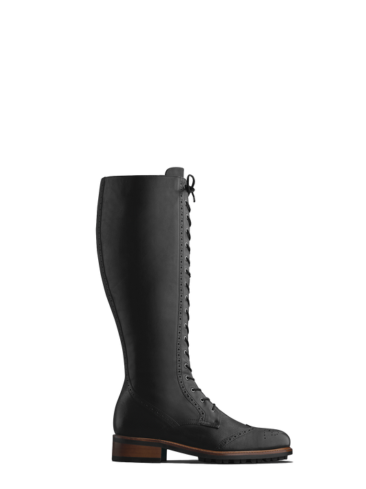 Marvel; brogue inspired lace-up knee high boots in black calf leather.
