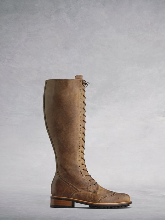 The Marvel; brogue inspired lace-up knee high boots in tan calf leather.
