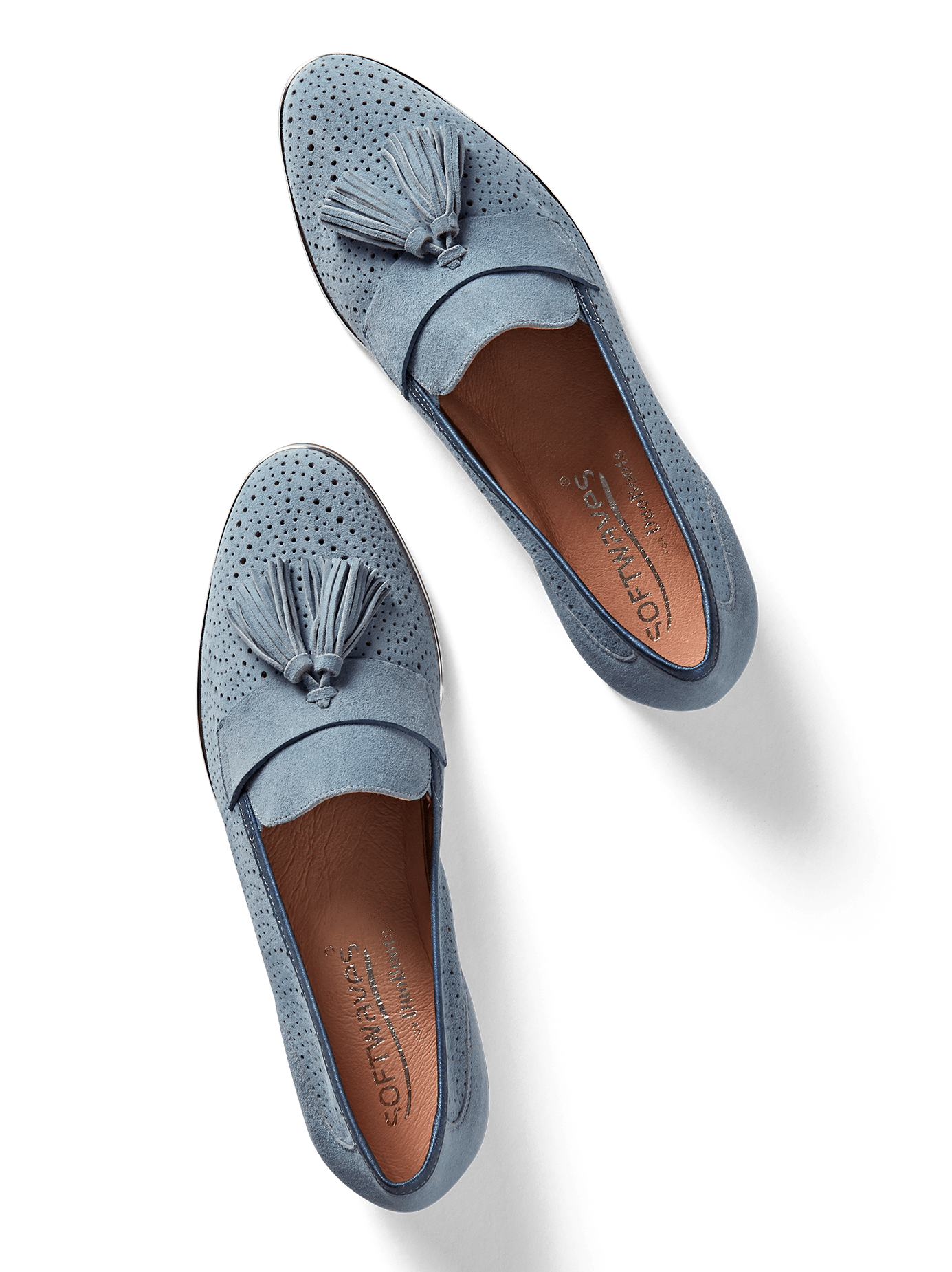 Milford, our flat sole tassel loafer, in perforated chambray blue suede.