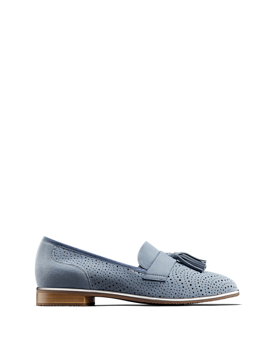 Milford, a statement loafer in soft pastel blue suede with perforated detailing.