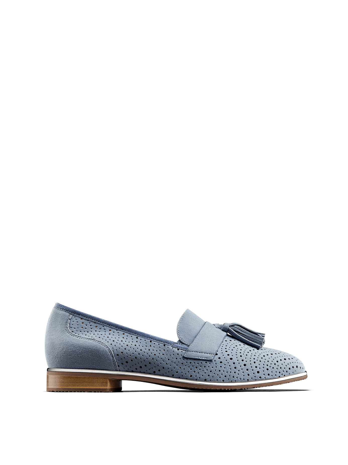 Milford, a statement loafer in soft pastel blue suede with perforated detailing.