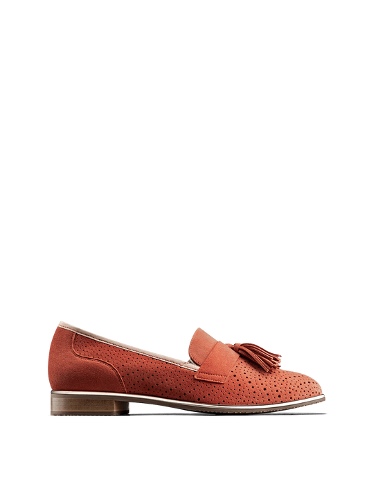 Milford, a statement loafer in coral orange suede with perforated detailing.