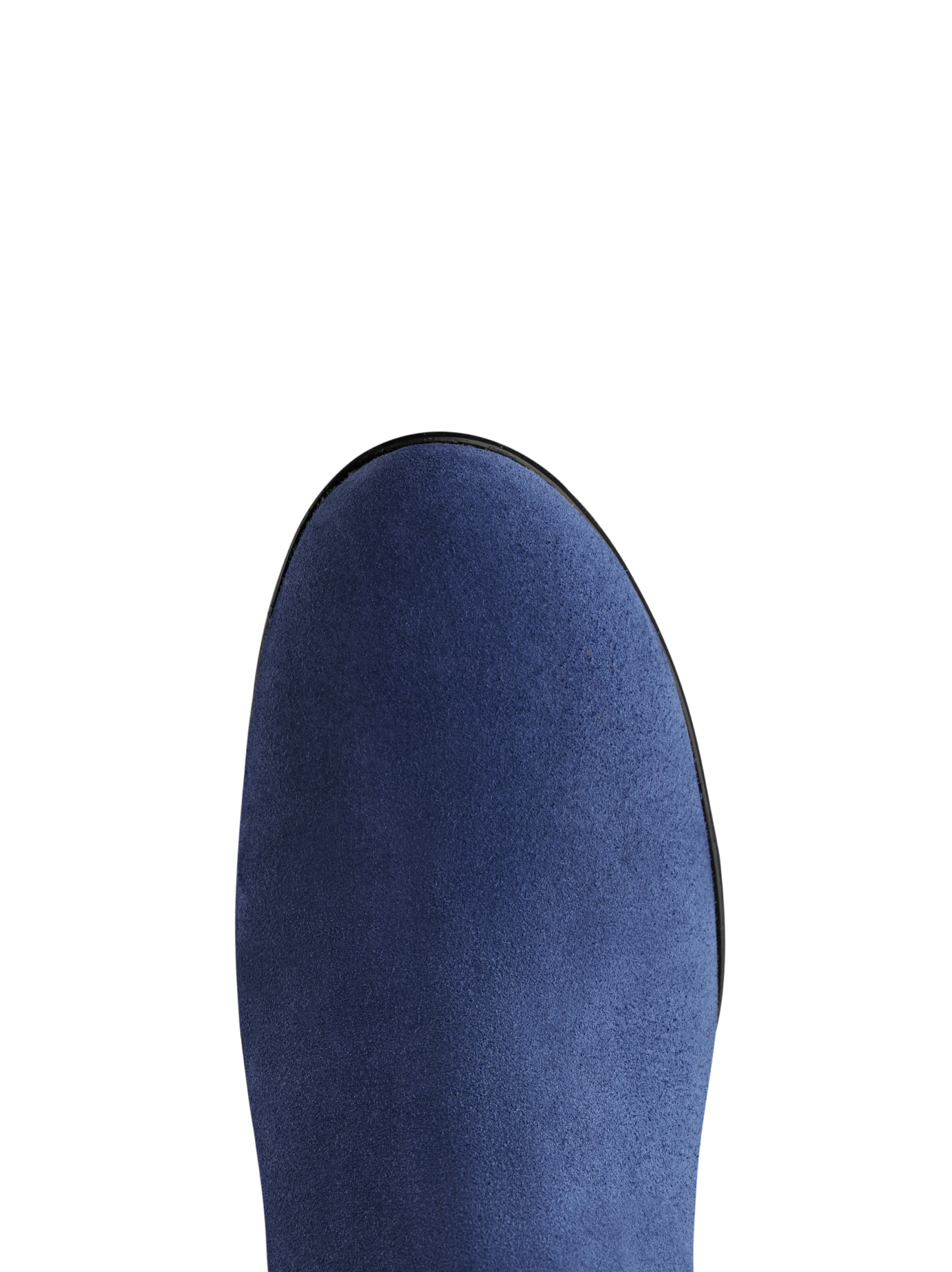 This blue suede ankle boot has a comfortable round toe shape.