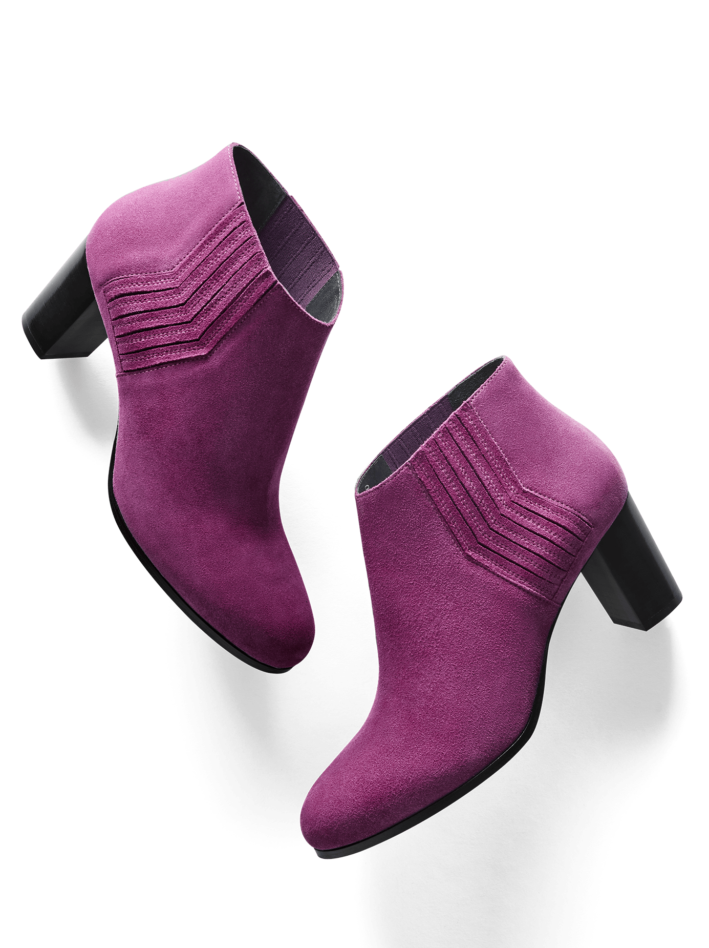 Miller, a fuchsia purple suede, mid-height ankle boot with zig-zag detail.
