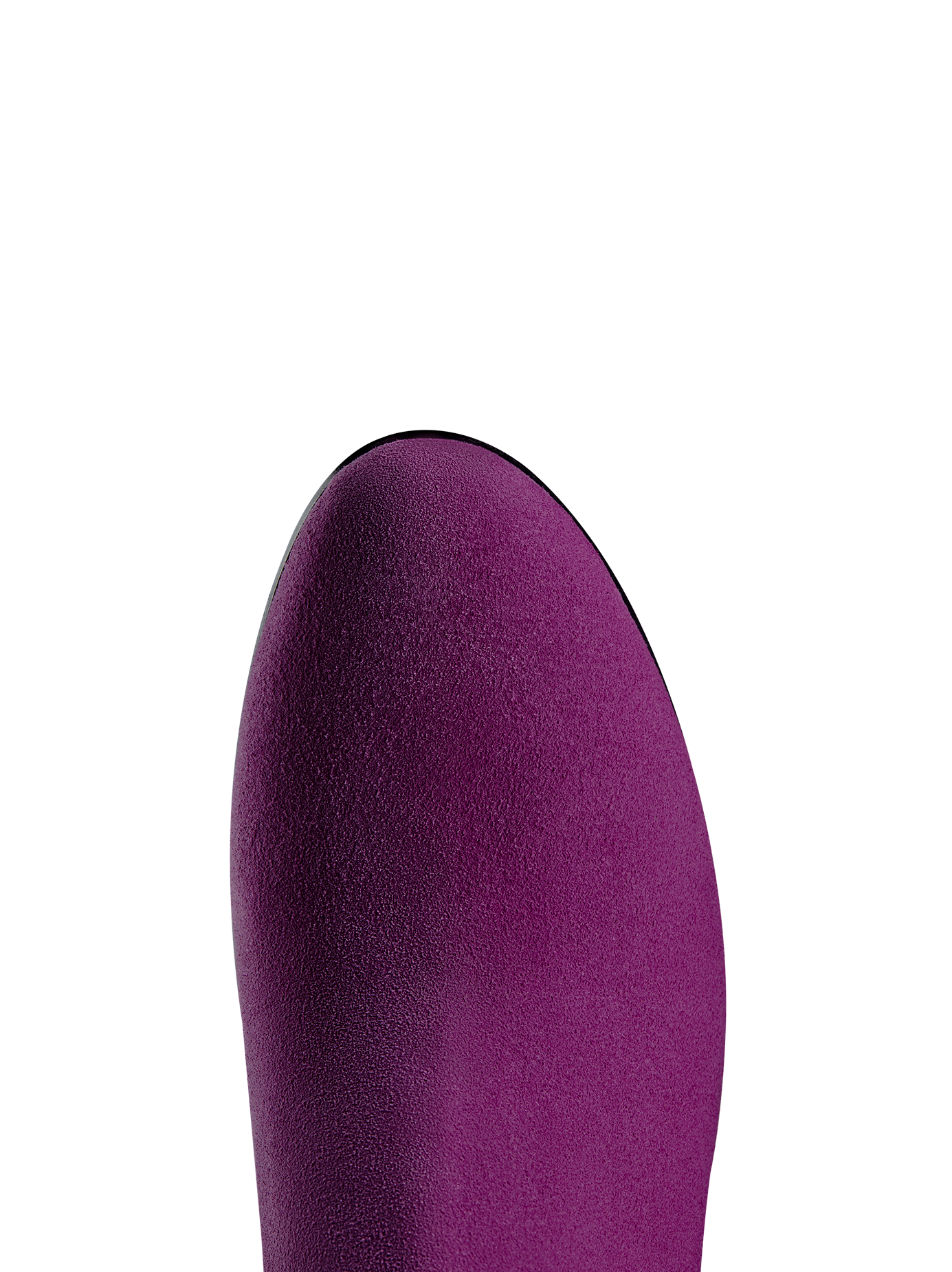 This purple suede ankle boot has a comfortable round toe shape.
