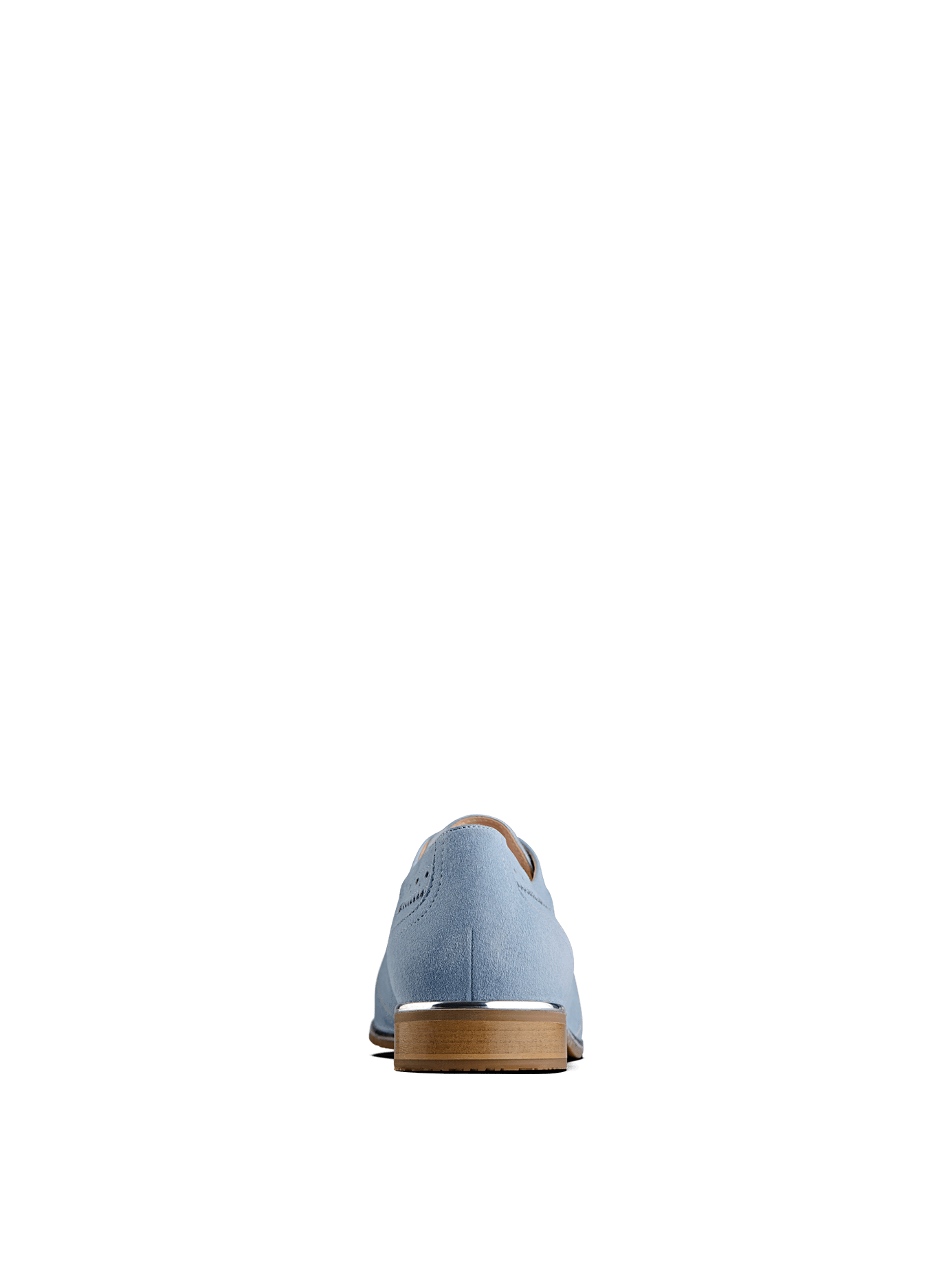 Mullion in blue suede, a brogue shoe with a low block heel and cushioned insole.