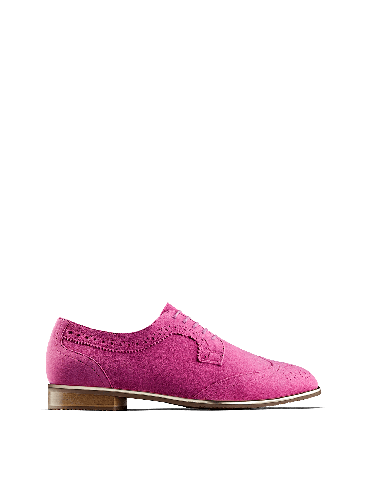 Mullion in fuchsia pink suede, a brogue shoe with a metallic gun metal trim.
