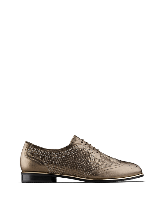 Mullion is a gold leather, Derby style brogue with snake embossed sections.