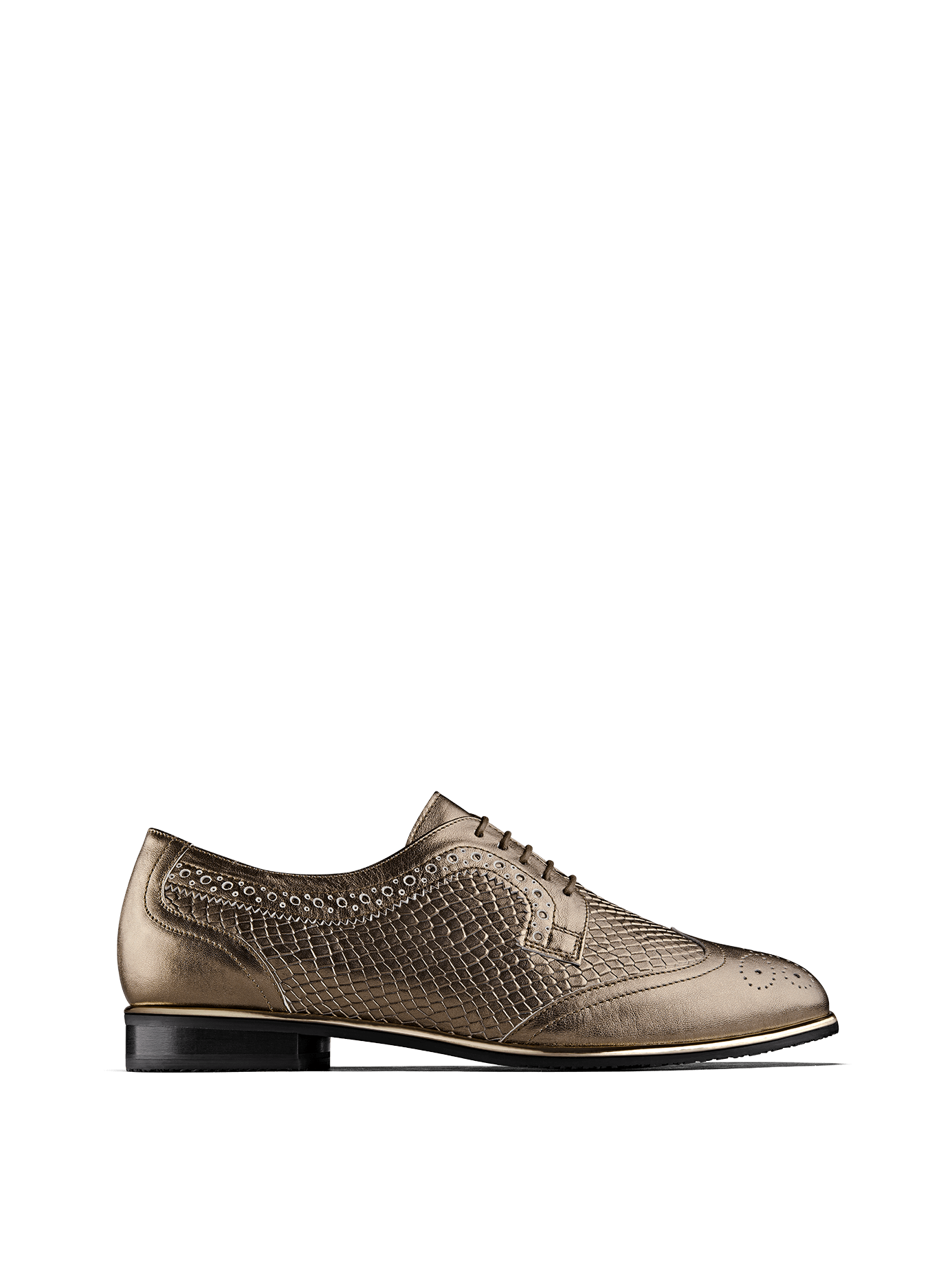 Mullion is a gold leather, Derby style brogue with snake embossed sections.