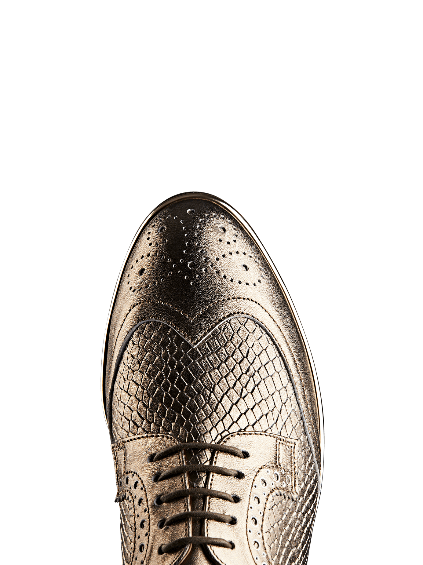 Mullion in gold leather has a flattering almond toe shape and gold waxed laces.