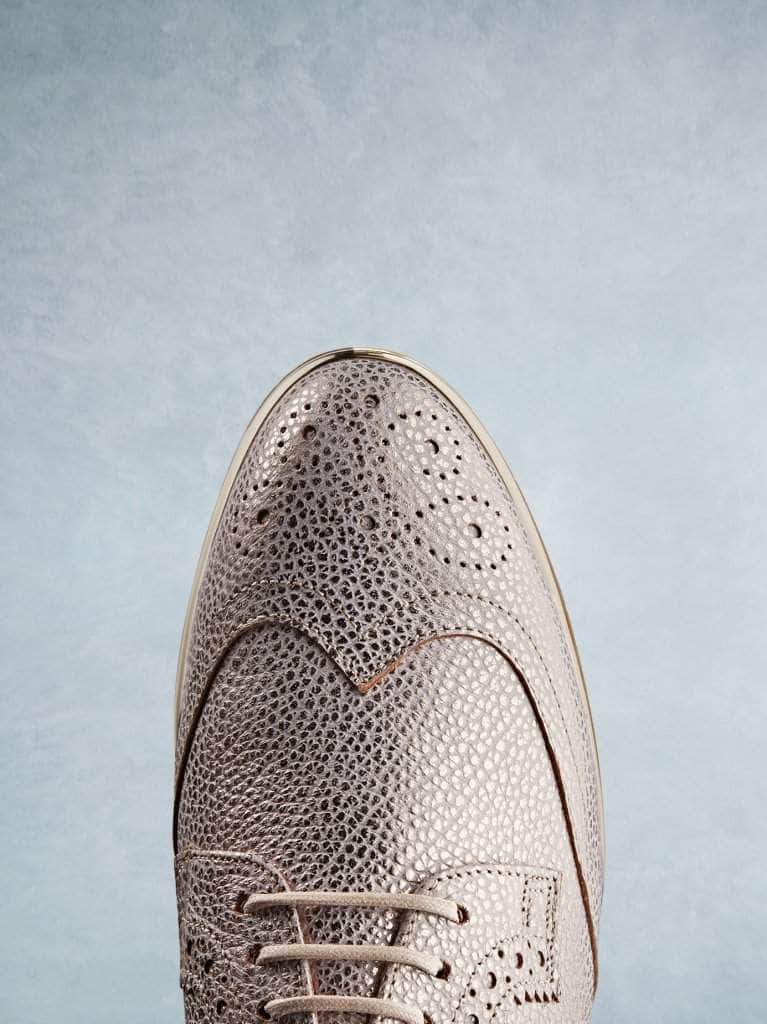 Brogue shoes in rose gold with an almond shaped toe. 