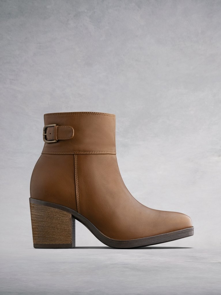 The Orpheus, a casual mid block heeled ankle boot in tan leather. 