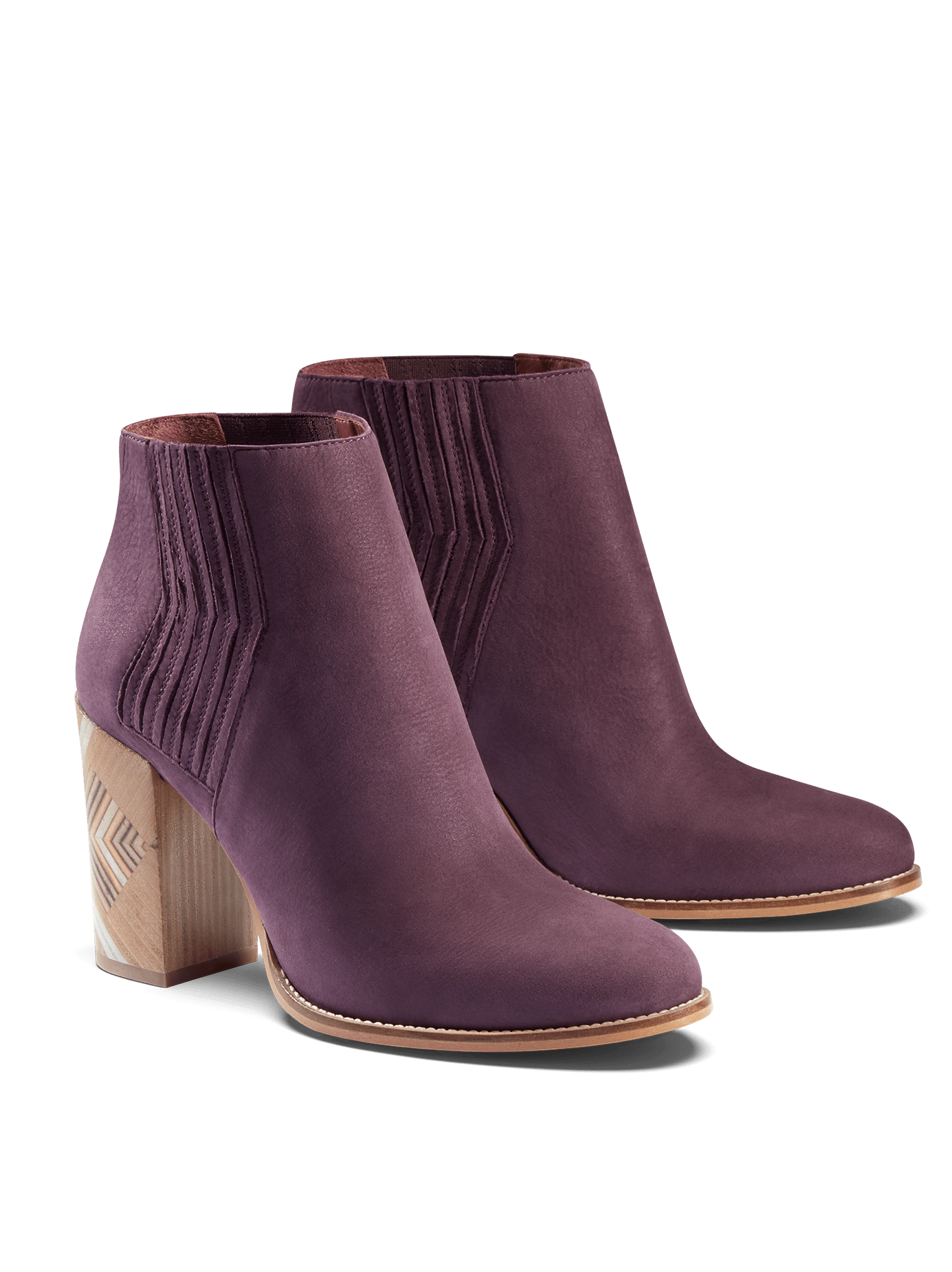 Paragon in cassis purple nubuck, with zig-zag stitching and stacked leather heel.