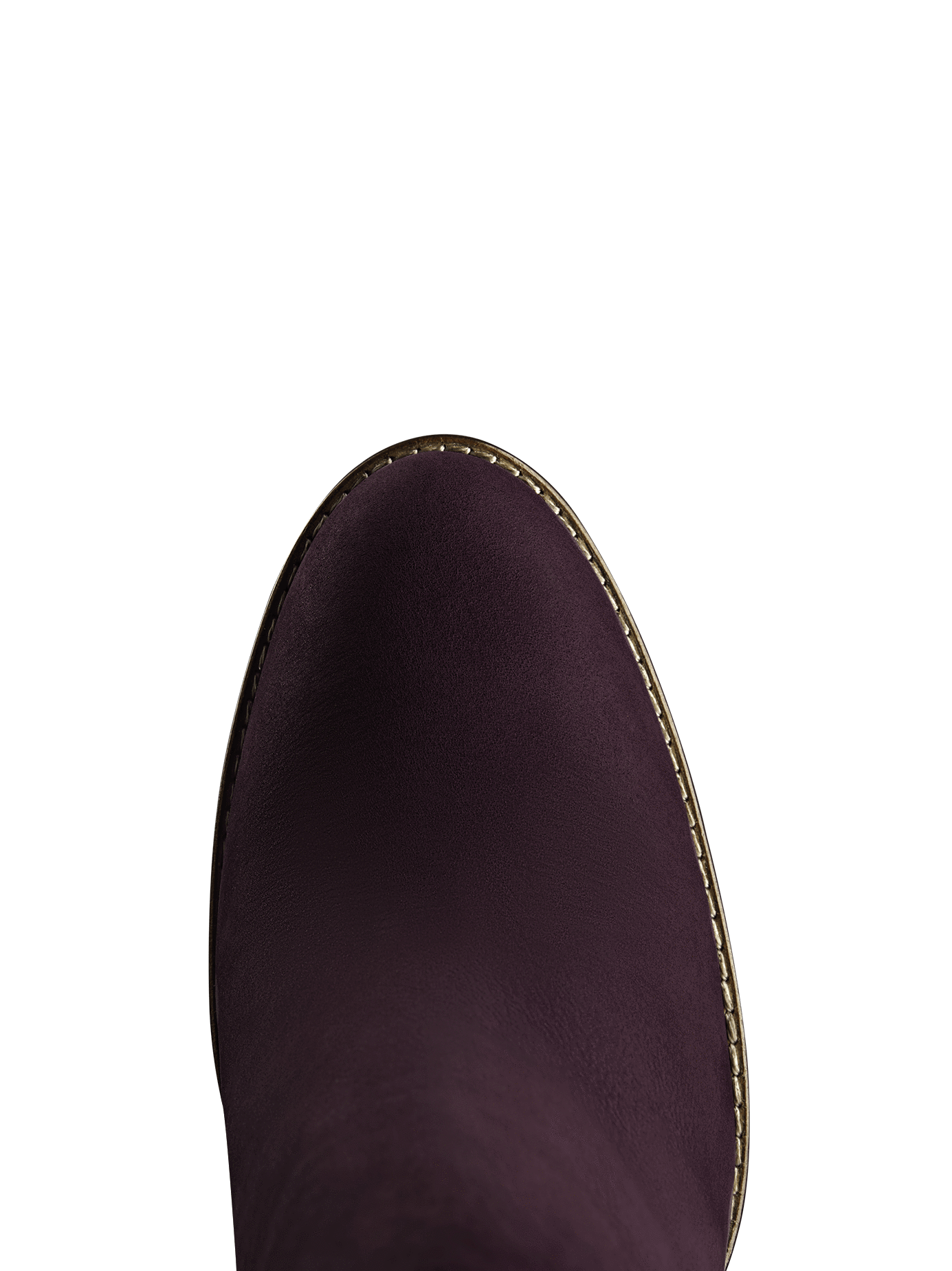 This purple ankle boot has an almond toe shape highlighted by contrast stitching.