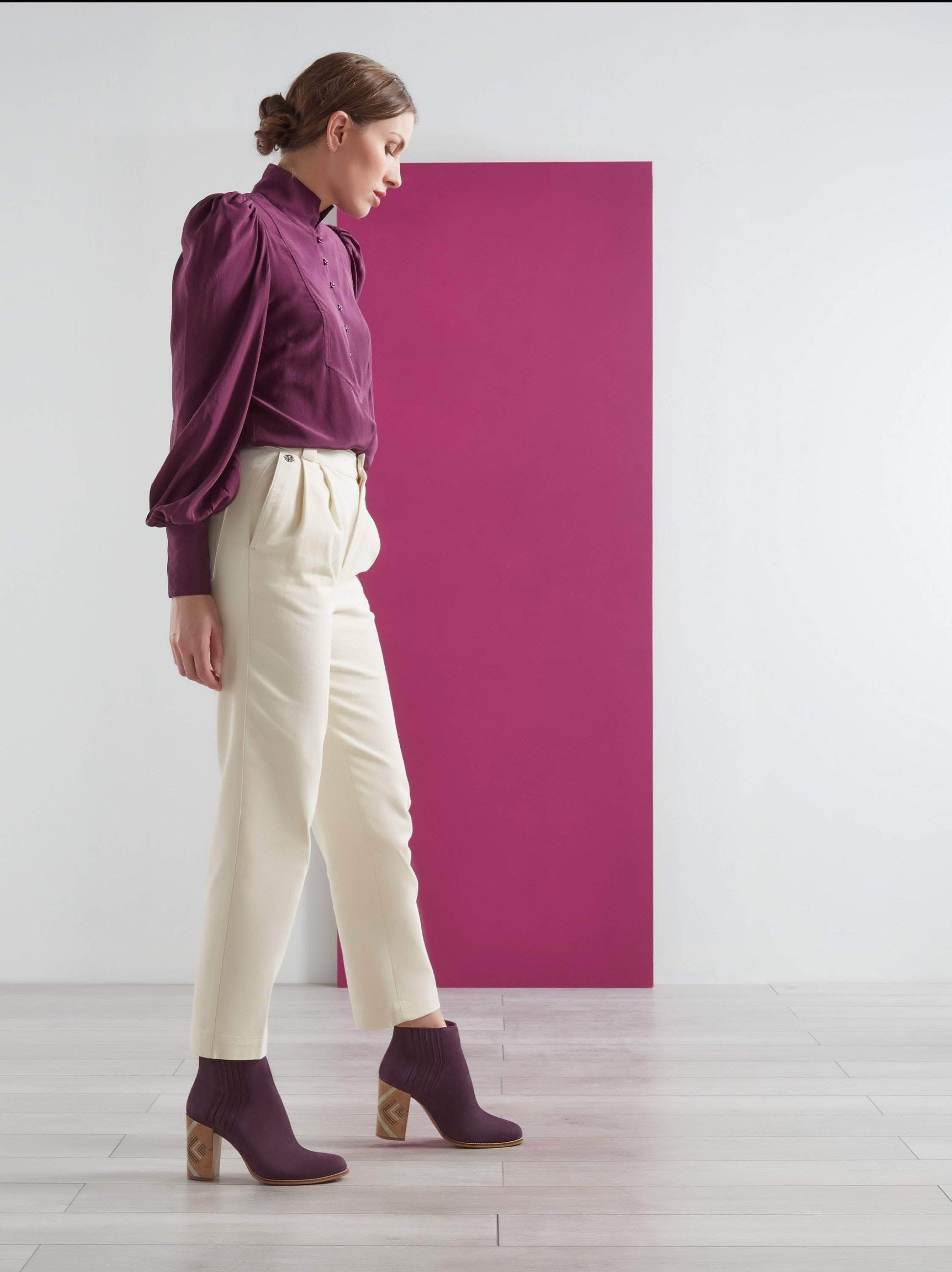 Paragon, a luxury ankle boot in purple nubuck with a statement patterned heel.