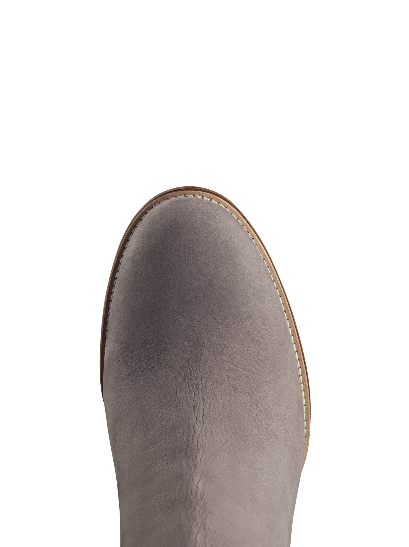 This taupe ankle boot has an almond toe shape highlighted by contrast white stitching.