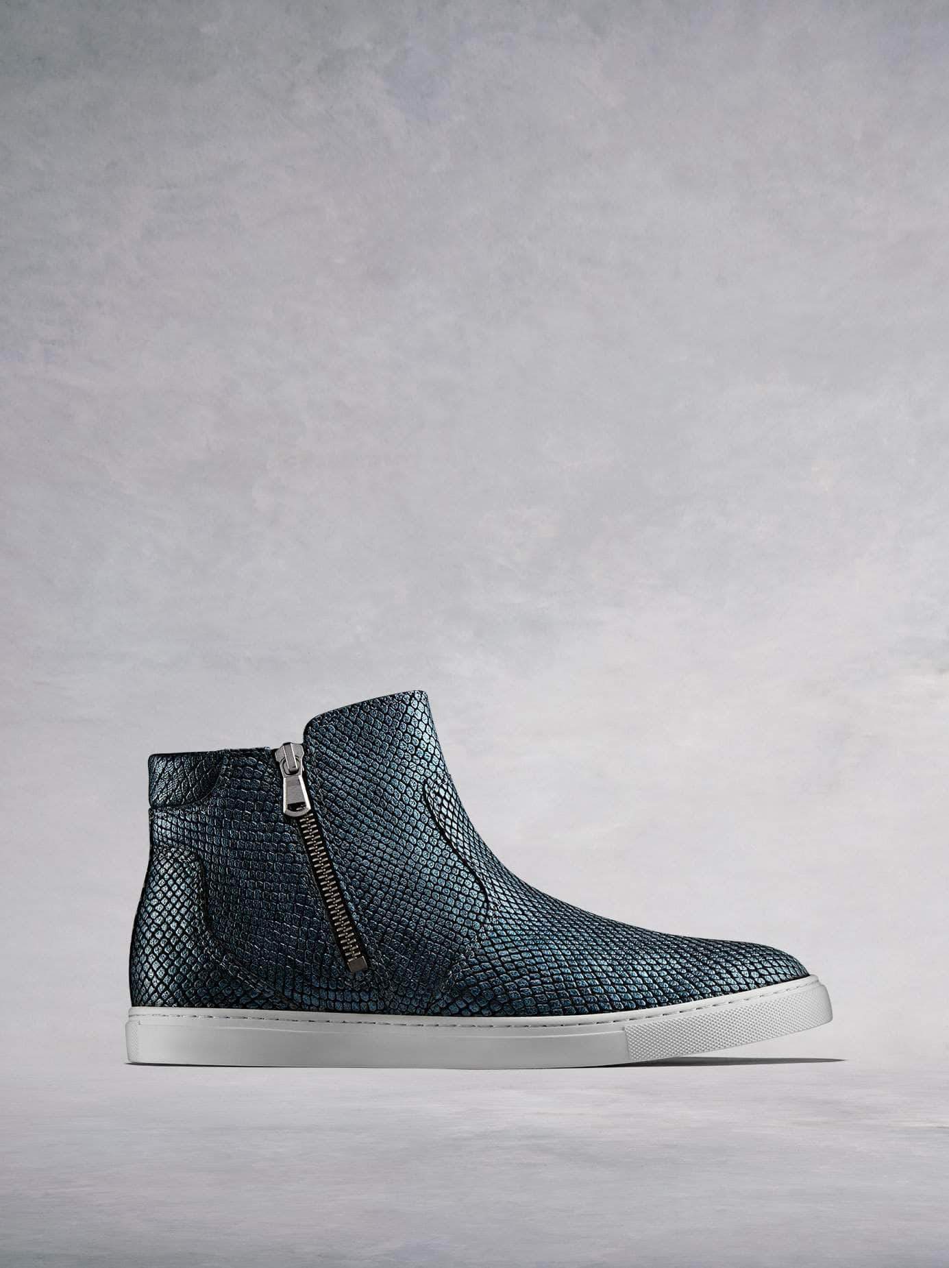 Parsonage, a stylish hi-top trainer in navy snake embossed suede.  