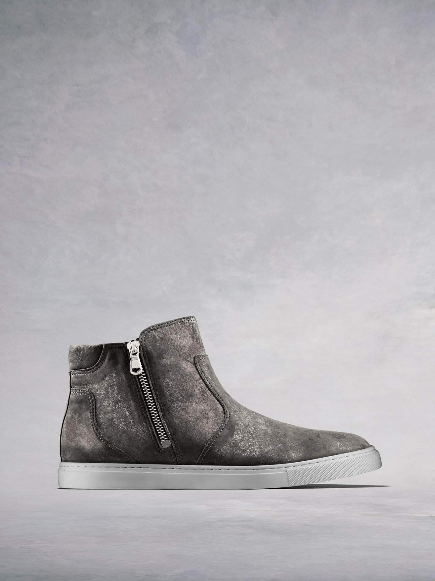 Parsonage, a stylish hi-top trainer in pewter metallic leather.  