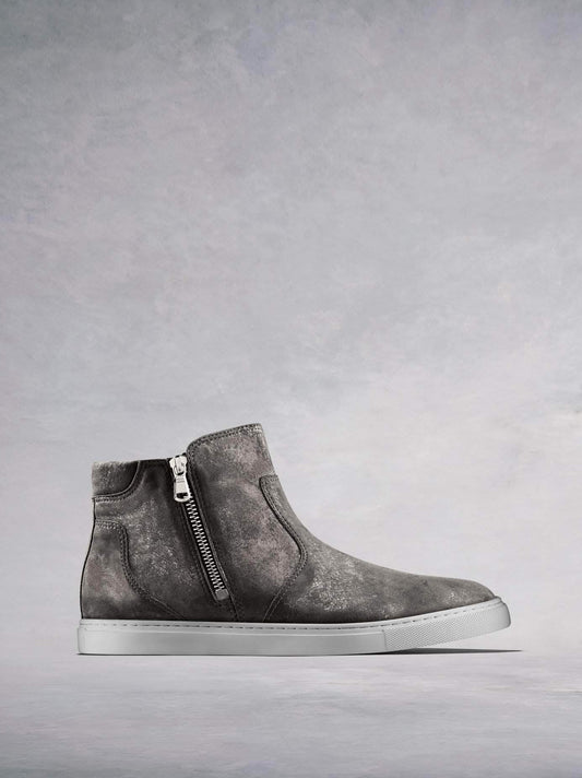 Parsonage, a stylish hi-top trainer in pewter metallic leather.  