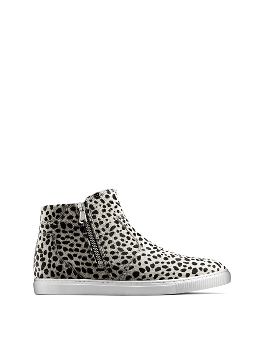 Parsonage, a stylish hi-top trainer in white and black hair leather.