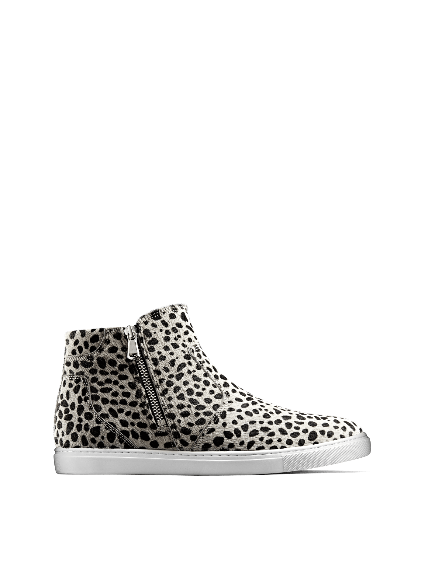 Parsonage, a stylish hi-top trainer in white and black hair leather.