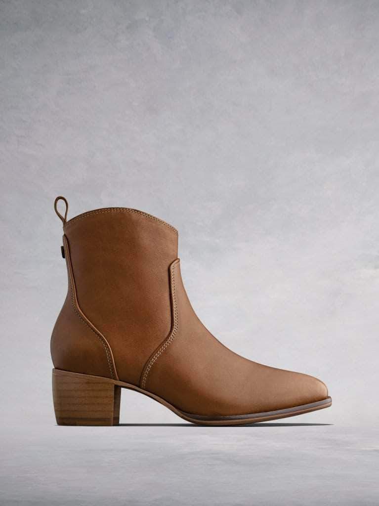 The Paxton, an artisan tan leather, western-inspired ankle boot.