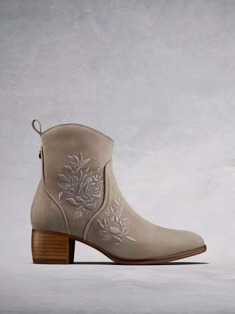 Paxton, our embroidered taupe suede western-inspired ankle boot.