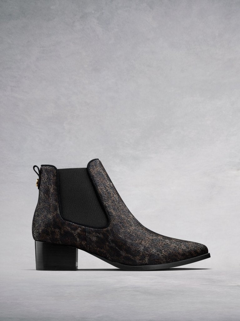 The Pixie, a leopard print suede Chelsea boot with a pointed toe shape. 