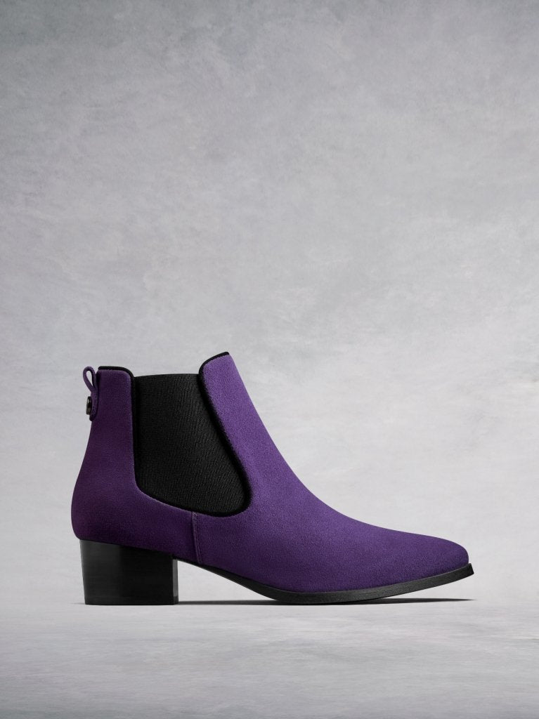 The Pixie, a unique purple suede Chelsea boot with a pointed toe shape. 
