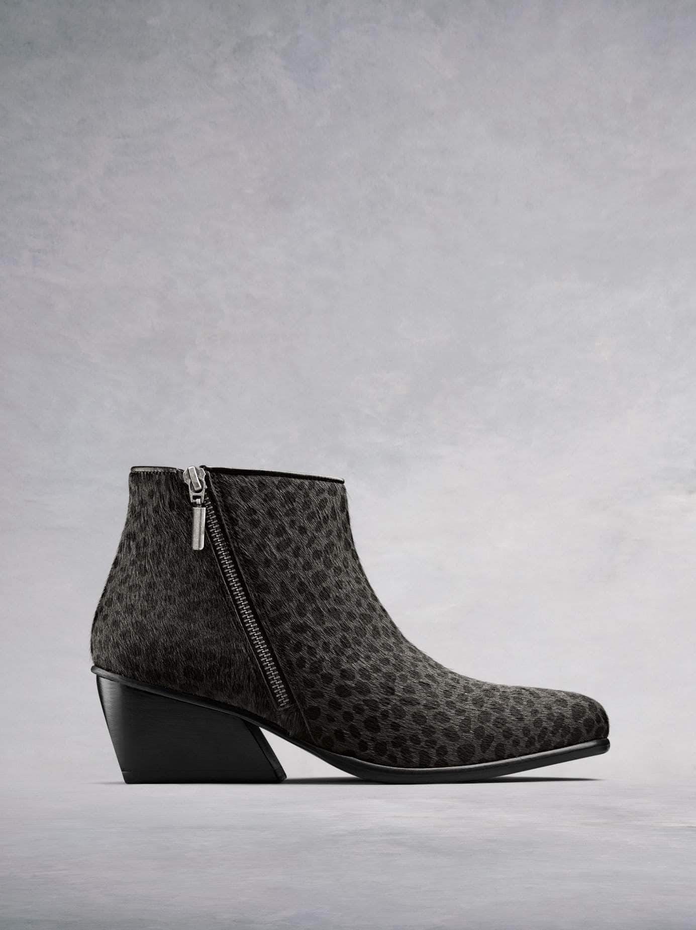 Renata, our on-trend ankle boot with angular heel and diagonal zip in grey leopard hair leather. Stand-out style. Available in our standard or wide fit.